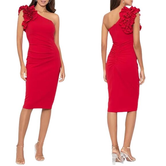 NWT Xscape Scuba Crepe One Shoulder Ruffle Detail Sleeveless Midi Dress in Red - Picture 1 of 5